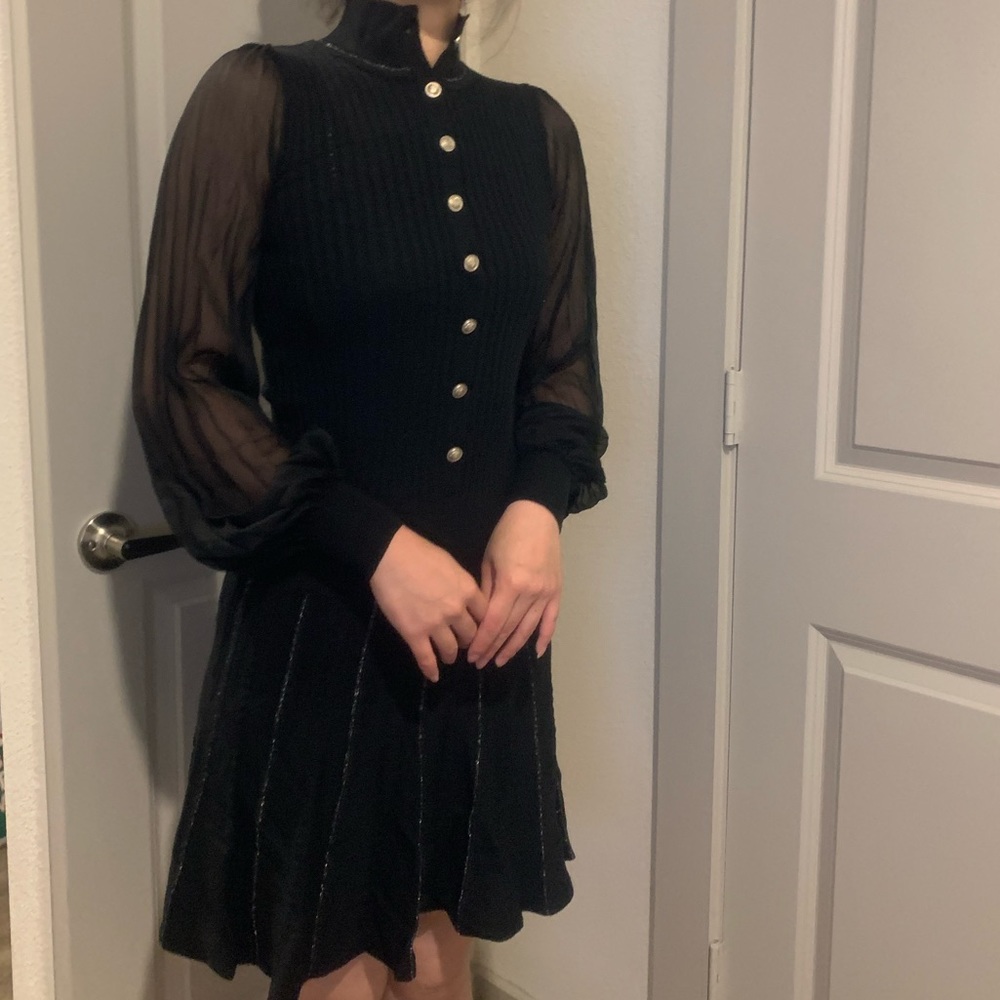 Vtg 90s sheath knit Dress see-thru sleeves black